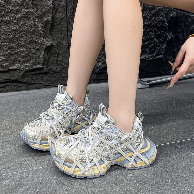 欧洲站网面透气厚底绑带老爹鞋女2025新款百搭复古轻便休闲运动鞋|undefined