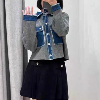 S家2024秋季新款休闲牛仔拼接翻领灰色针织衫外套