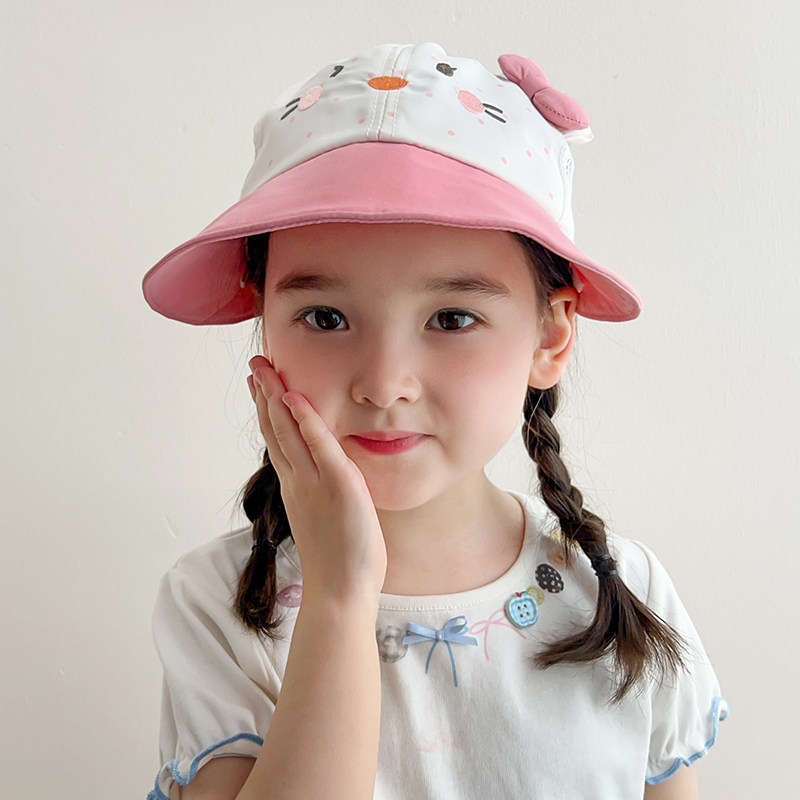 Rose pink polka dot KT cat mesh fisherman hat (with windproof rope)