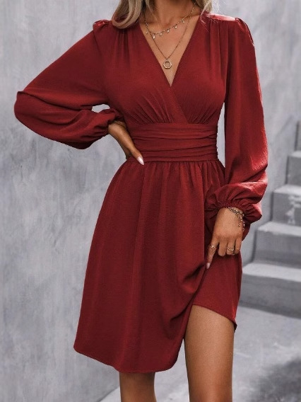 European and American Amazon Cross-Border Autumn and Winter New Independent Station Slant Collar Lantern Sleeve Pleated Waist Dress for Women