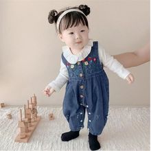 花朵宽肩牛仔套婴儿两件套女宝宝超萌外出绣花背带裤长袖打底衫