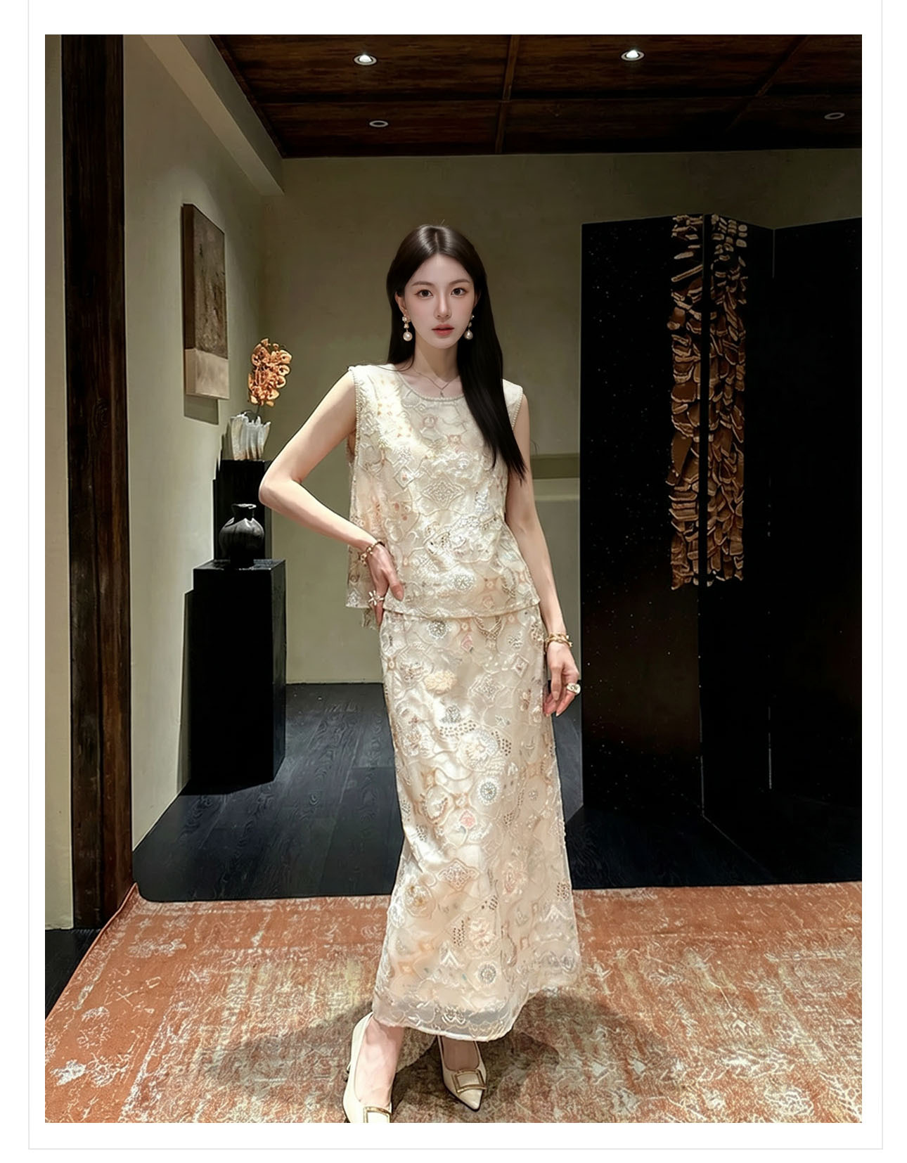 Bộ áo vest không tay và chân váy midi thêu ren cườm phong cách Tân Trung Hoa — bộ đồ, nửa váy, Trang chủ chi tiết 11
