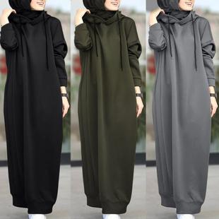 Muslim Autumn Women's Solid Color Fluffy Fleece Hooded Drawstring Loose Casual Pocket Long Sleeve Women's Sweater for Women