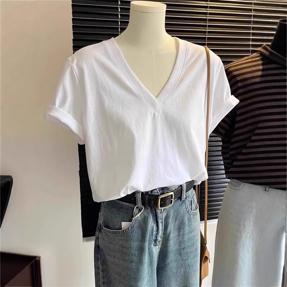 White Front Shoulder Short-sleeved Women's T-shirt Summer 2025 New Top Popular Fat MM Large Size Korean Version Loose V-neck Bottoming Shirt_ecoleips.com