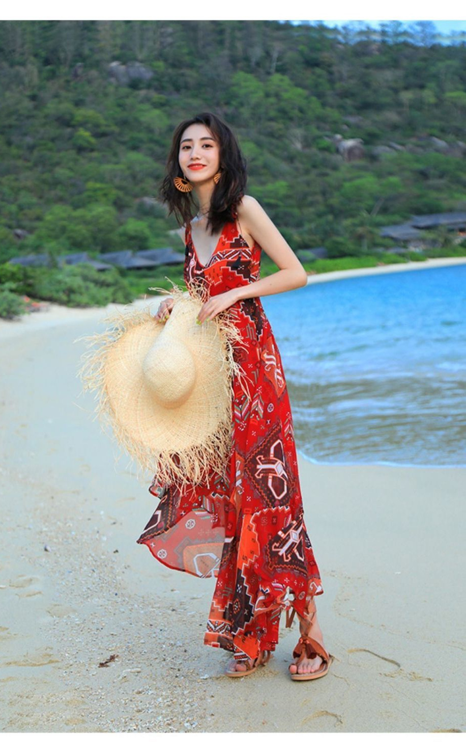 Đầm maxi voan treo nữ phong cách Bohemian dài chấm gót — màu đỏ chi tiết 14