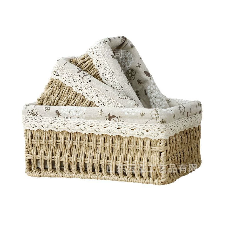Laundry storage basket straw-woven with fabric lining, multi-size set (small/medium/large)