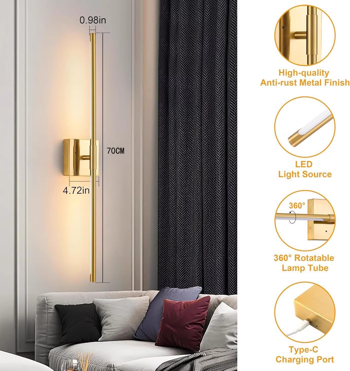 Lámpara de pared recargable especial transfronterizo tira larga luz lujo negro dorado sensor control remoto atenuación sala de estar dormitorio tocador lámpara de pared