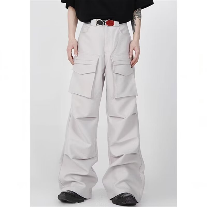 Unique Three-Dimensional Multi-Pocket Patchwork Straight-Leg Men's Trousers for Spring with Advanced Pleated Design, Loose-Fitting Cargo Long Pants