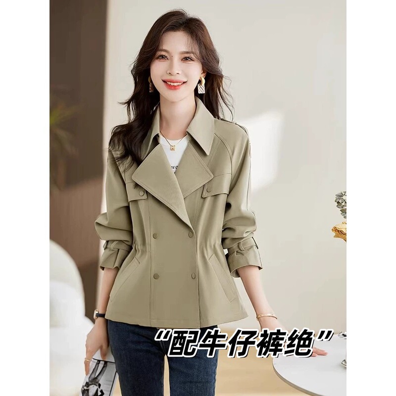 High-End Khaki Trench Coat for Women, New Spring Style, Premium Feel, Short Drawstring Trench Coat for Petite Figures 3343