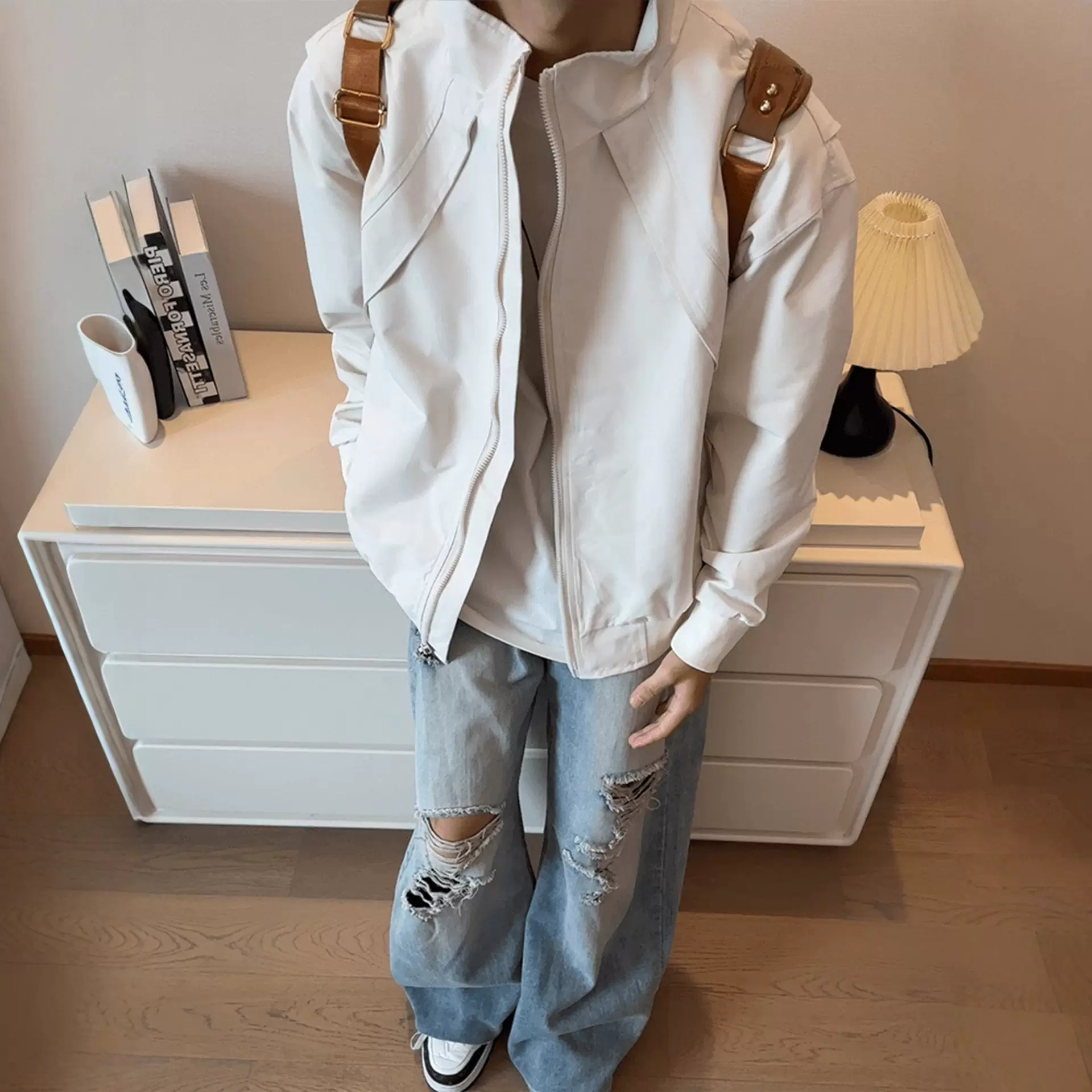 纯色解构拼接短款外套男款秋季美式立领飞行夹克户外三防冲锋衣