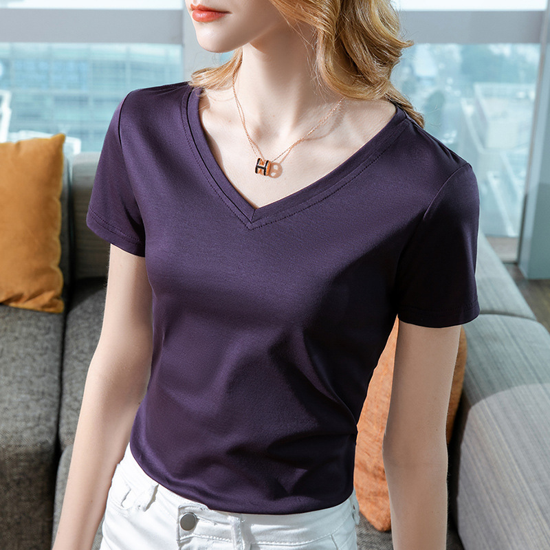 アイスフィールシルケットコットン半袖 Tシャツ女性のための 2025 新しい女性の気質 V ネック純綿 Tシャツ無地ハイエンドトップ|undefined