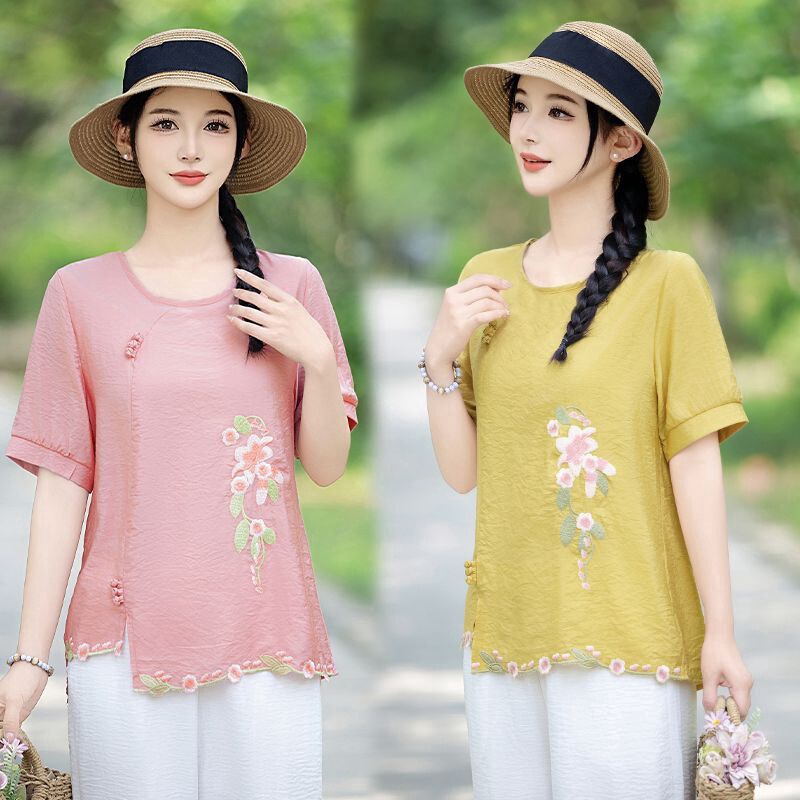 Mom's 2025 New Summer Embroidered Style Shirt for Middle-Aged and Elderly Women Large Size Short-Sleeved Chinese Style T-Shirt Top