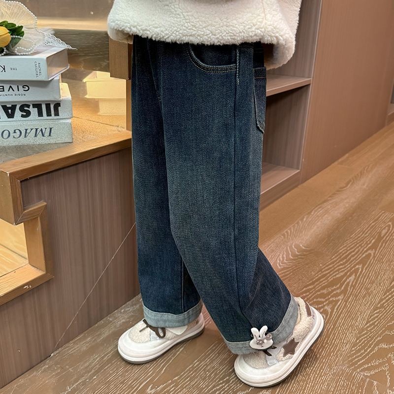女小童加绒牛仔裤春秋款女宝宝洋气时髦裤子冬装小女孩加厚休闲裤