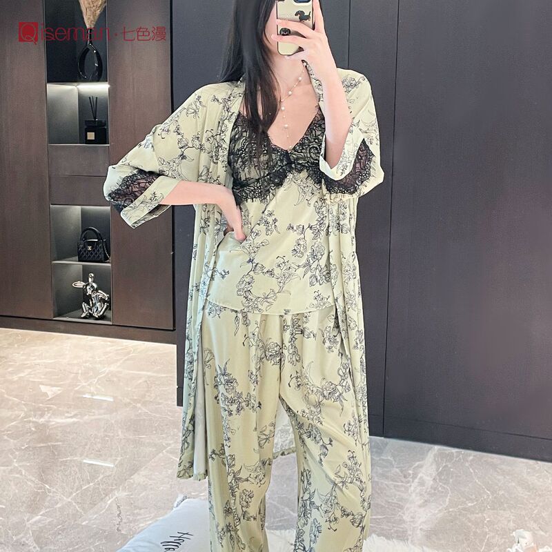 New Chinese-Style Retro Dark Floral Ice Silk Camisole, Long Pants, and Robe Three-Piece Set with Lace and Chest Pads, Ice-Feel Breathable Loungewear New Chinese-Style Retro Dark Floral Ice Silk Camisole, Long Pants, and Robe Three-Piece Set with Lace and Chest Pads, Ice-Feel Breathable Loungewear