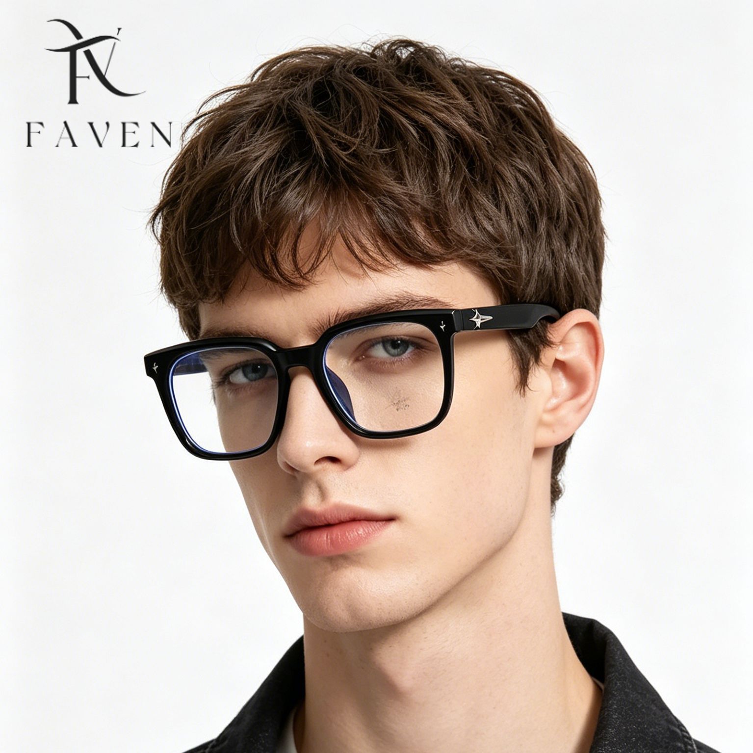 Lunettes unisexes à monture noire, style carré rétro, décorées d'étoiles, idéales pour un look naturel et compatibles avec les verres correcteurs._voghion.com