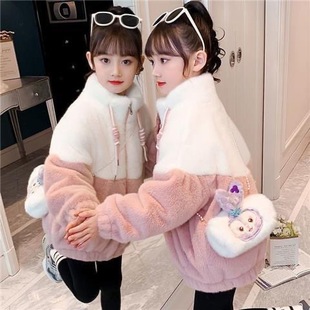 Girls' New Autumn and Winter Velvet Outwear Little Girl Cartoon Casual Imitation Fur Outwear Kidsren's Cotton Outwear to Heattech in Winter