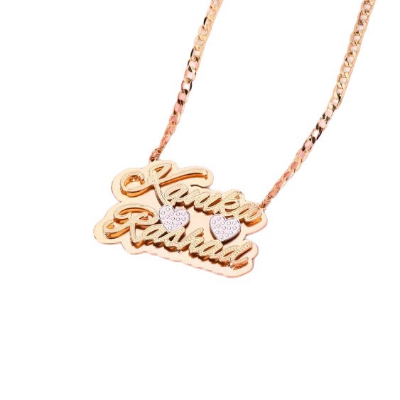 Collier unisexe avec plaque nominative bicolore dorée et double nom_voghion.com