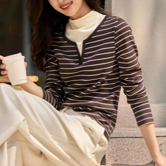 复古条纹假两件半高领长袖T恤女2025新款撞色拼接修身显瘦打底衫