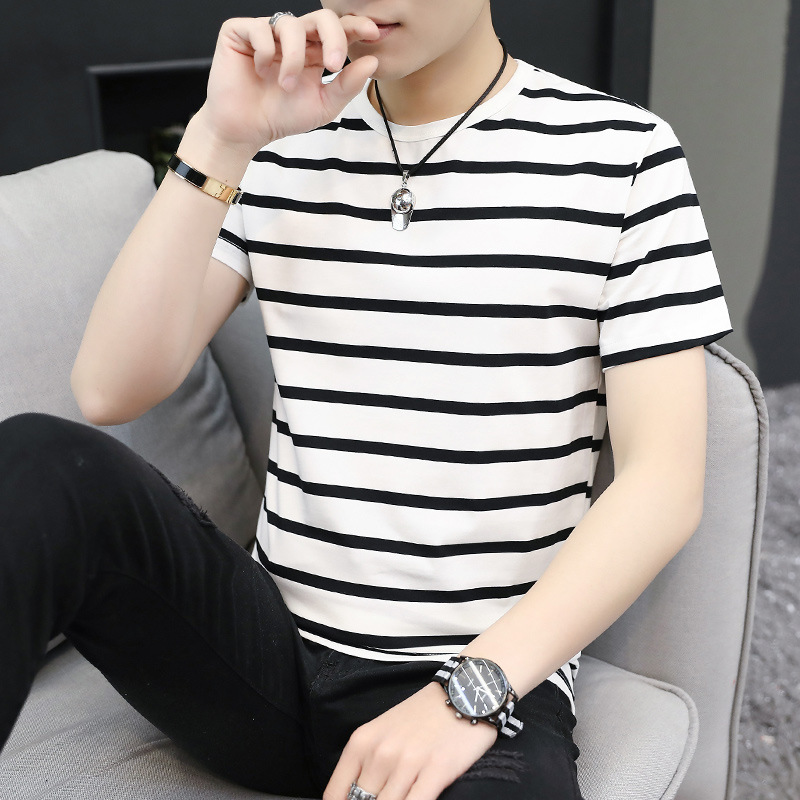 2026 New Style Mercerized Cotton Short-Sleeve T-Shirt for Men, Summer Round-Neck Striped Half-Sleeve Sailor Shirt, Trendy Base Shirt