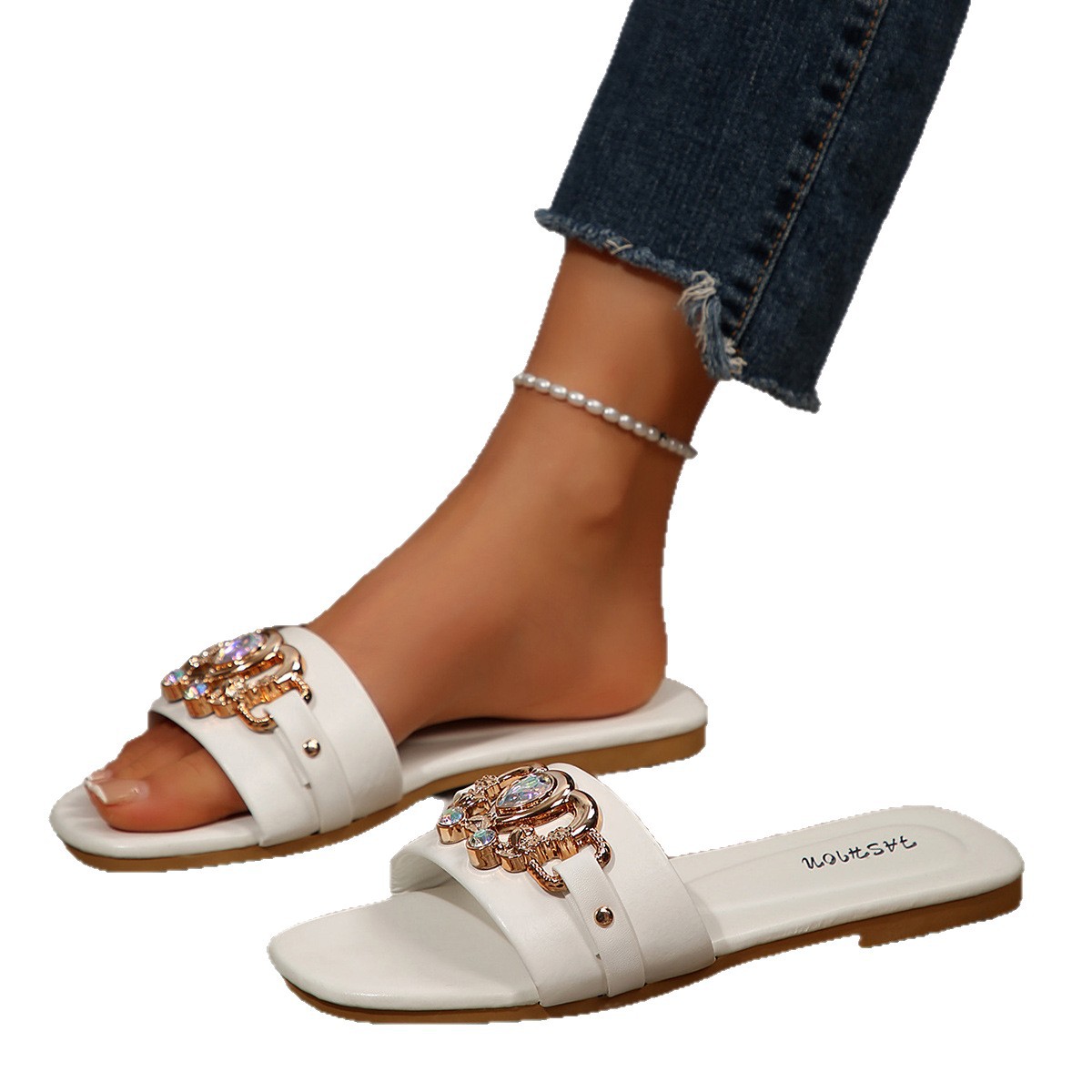 Sandalias Planas de Punta Cuadrada para Mujer de Cuero Sintético, Cómodas, para Uso Diario