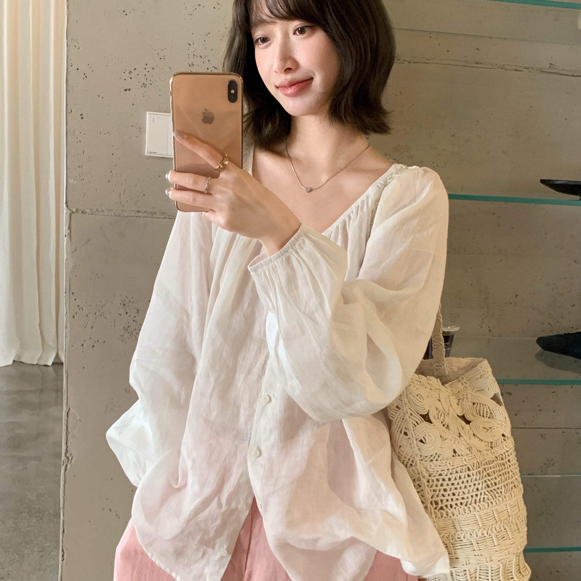 Áo sơ mi nữ tay lửng chất liệu ramie thoáng mát phong cách Pháp — trắng ngà, hồng nhạt, Bột cam, Vàng nhạtcolor