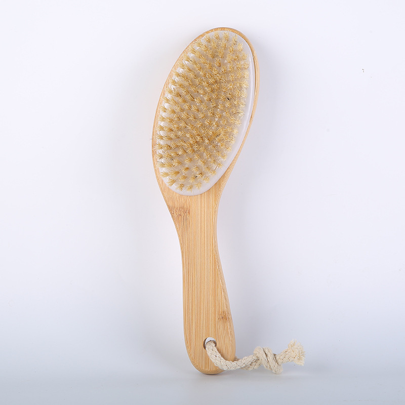 Bath Scrubber for Both Dry and Wet Use, Boar Bristle Body Dry Brush, Bath Brush, Chicken Leg Brush, Bamboo Short Handle Bath Back Scrubber Cleaning Brush