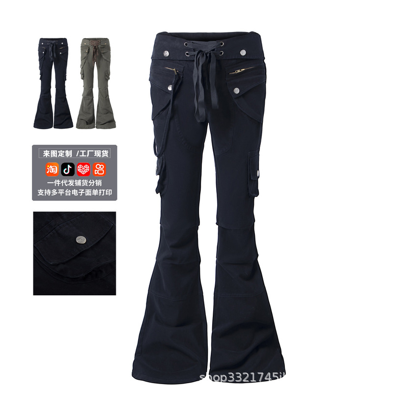 American-Style Spicy Girl Irregular Tie Low-Waist Jeans for Women, Slimming with Ribbon Design, Slightly Flared Pants, Trendy Factory Direct Sale