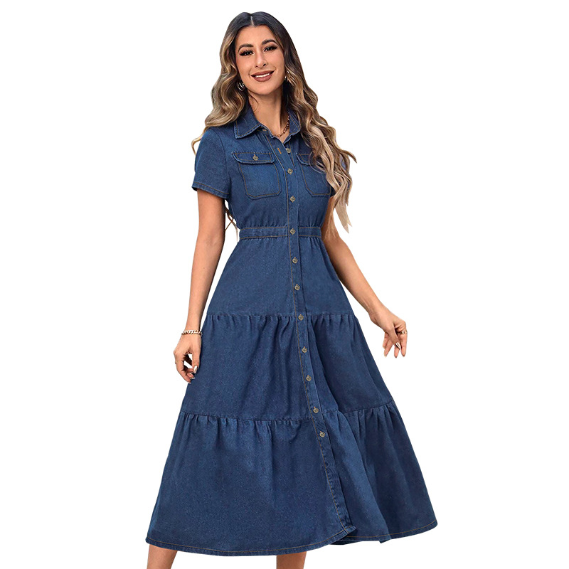 K Plus Size Women's Clothing Women's Short-sleeved Long Dress With Pocket And Button-down Collar_mkmklike.com