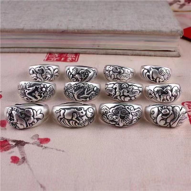 Zodiac Ring Men's Antique Fashion Personalized Open Ring Vintage Old Anti-Thai Silver Birth Year Ring