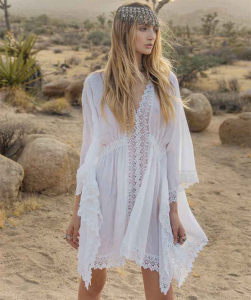 product - wholesale Artificial Cotton Lace Waist Elastic Band Beach Cover-up Sexy Loose Vacation Sun Protection Shirt Bikini Cover - 4