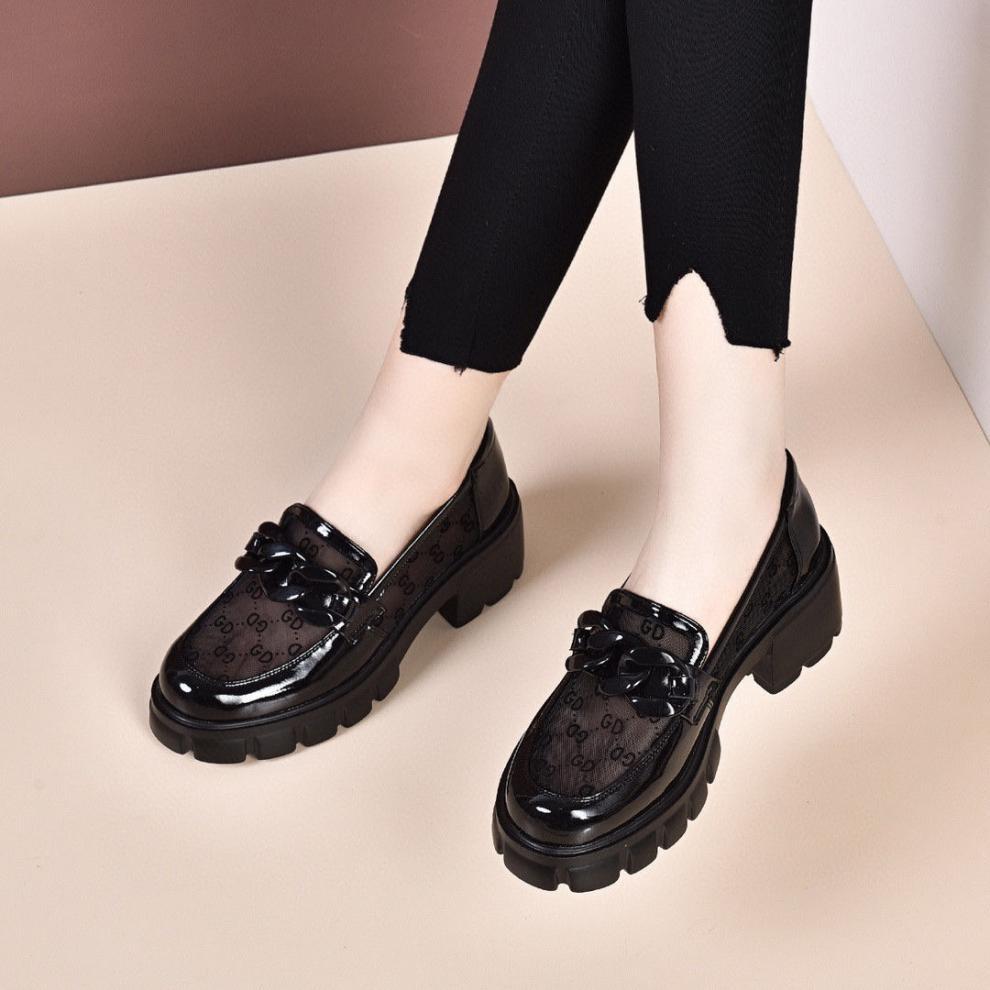 Giày sneaker nữ đế dày mũi tròn phối lưới da thật — Màu đen chi tiết 3