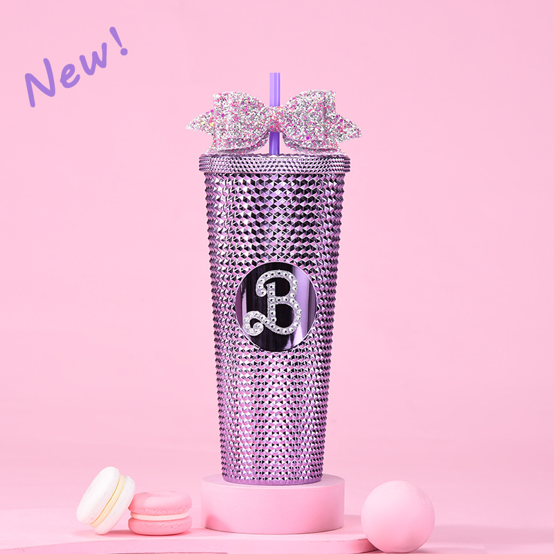 Taza de paja de plástico de doble capa 710ml taza de paja de gran capacidad con brillo arco mano taza Durian taza