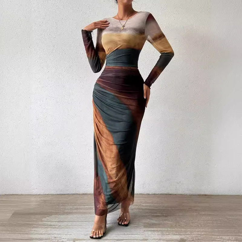 Ready-Made Skirt European and American Style Contrasting Rendering Dress High-End Pleated Sexy Tight Round Neck Dress Custom-Made Ready-Made Skirt European and American Style Contrasting Rendering Dress High-End Pleated Sexy Tight Round Neck Dress Custom-Made