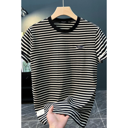 Men's Trendy Short-Sleeve T-Shirt with Ice-Texture Elastic Striped Material - Summer New Arrival Casual Loose Fit Stylish Crew Neck Top