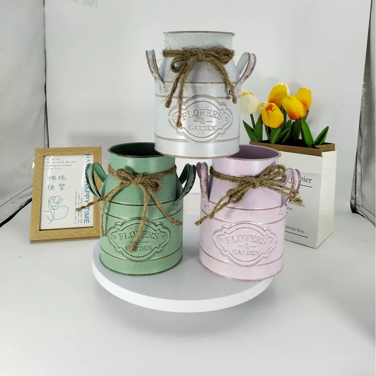 跨境爆款铁皮做旧复古奶壶插花桶田园花瓶美式花盆铁桶ins风批发