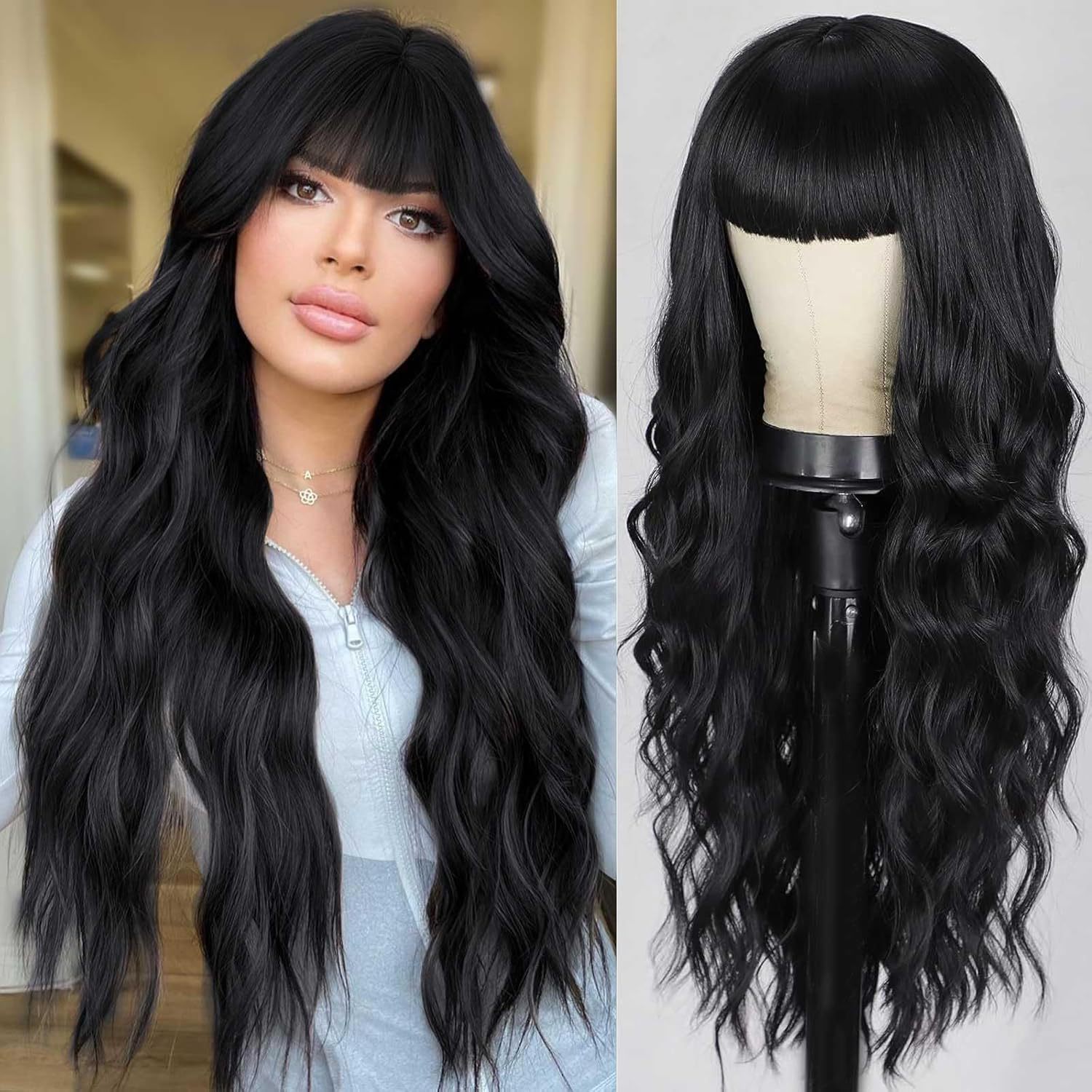 Synthetic Long Wavy Wig With Bangs Gradient Big Wave Hairpiece_voghion.com