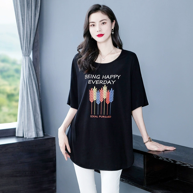 Летняя женская футболка больших размеров для женщин среднего и пожилого возраста с короткими рукавами, Повседневная Свободная футболка для мам с вышивкой для тяжелой промышленности
