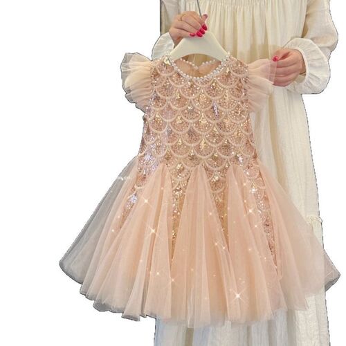 Girls' Summer 2025 Princess Dress with Net Fabric, Baby Fashion, Fly Sleeve Backless Top Skirt
