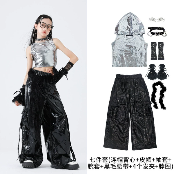 Silver set, black vest with hood, trousers, sleeves, colored belt, hairgrip, 7 pieces