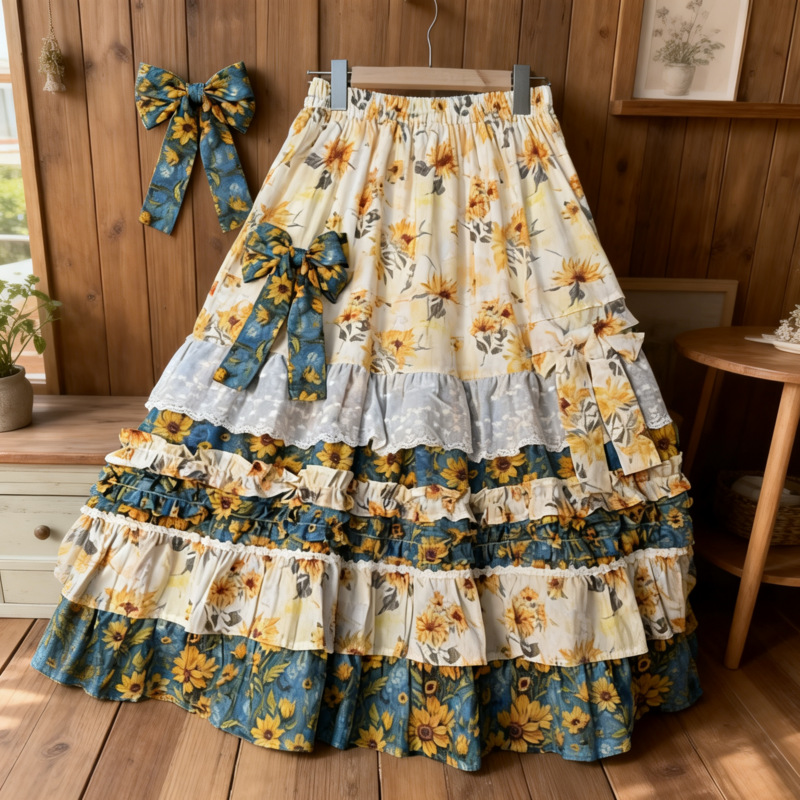 【向日葵】春夏油画印花重工度假风碎花蛋糕荷叶边显瘦高腰长半裙