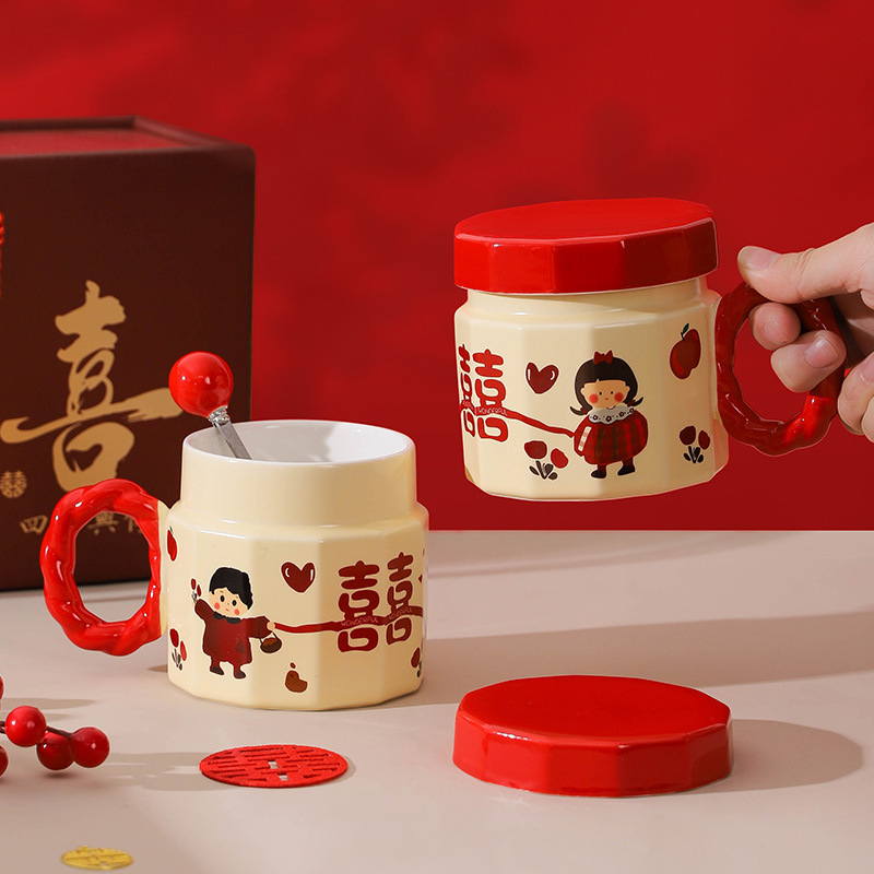 Tazas de cerámica, copas de mano, copas de mujer con tapa, copas de regalo de boda, copas de pareja, copas de agua festivas