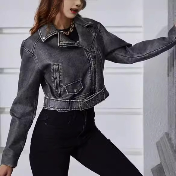 European and American street retro lapel loose faux leather coat personalized trendy women's clothing autumn washed zipper leather coat