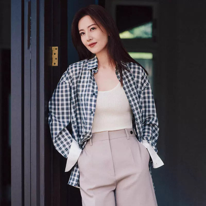现货高圆圆同款2025秋季新款女装百搭宽松黑白格纹衬衫上衣