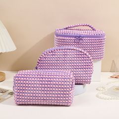 網紅毛絨格化妝收納包三件套馬克龍色系便攜大容量手提旅行廠家