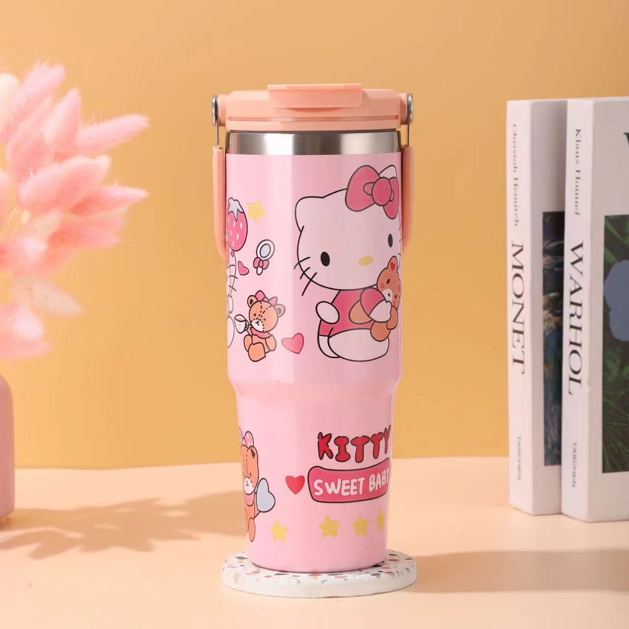 Cross-border 30oz doble boca doble bebida taza de mano patrón de dibujos animados de alto valor 304 taza de acero inoxidable portátil