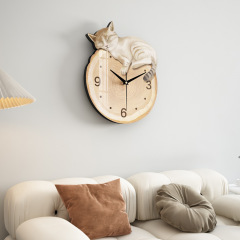 GZ04 Cat with Tree Rings Wall Clock Cream Style Living Room Bedroom Silent Clock Wooden Restaurant Creative Decorative Painting Clock