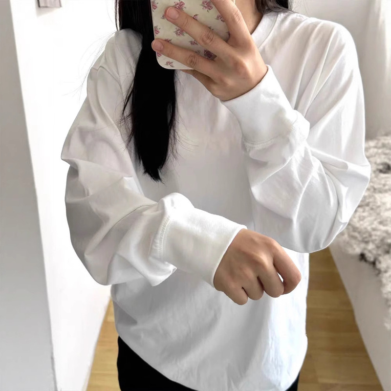纯棉圆领长袖T恤女春秋冬白色叠穿上衣纯色基础款宽松内搭打底衫|undefined