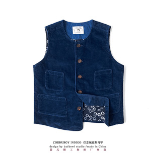 Huang's Weaving Indigo Blue Dye Vest Heavy Cotton Corduroy Vintage Casual Vest Jacket Washed for Old