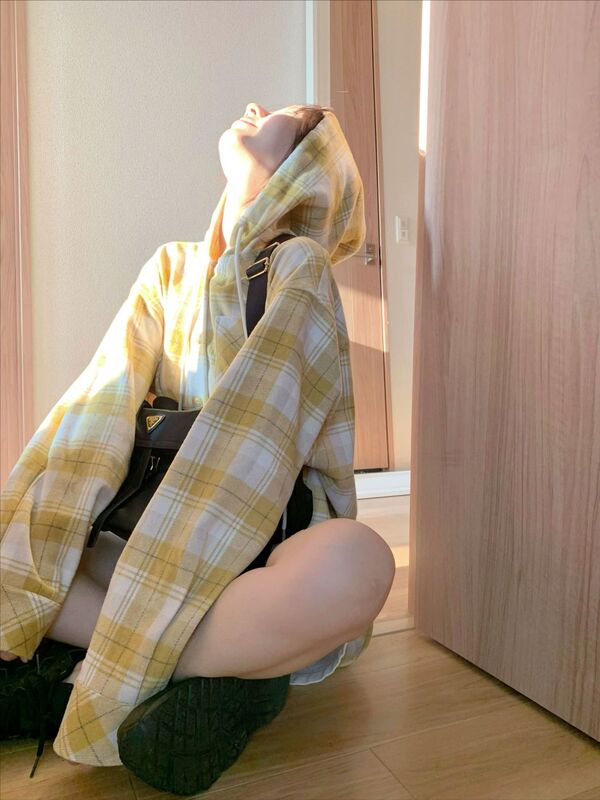 浅姜黄/黑白灰 帅气格纹oversize毛呢连帽衬衫上衣女秋|undefined