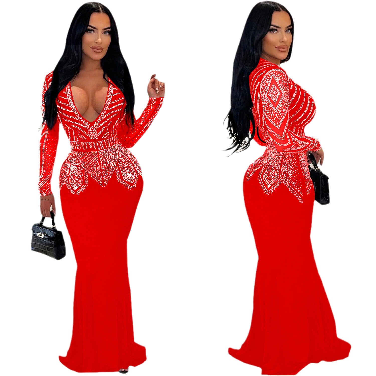 C7003 Aliexpress transfronterizo Amazon estación independiente de moda europea y americana nueva falda de diamante caliente vestido largo de cuello en V image 6